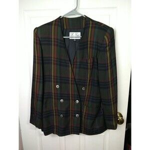 Lesuit Woman 8 Blazer Vintage Green Plaid Pockets Button Close Lined Shoulder...